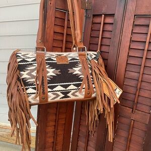 Boho Chic Fringed Satchel in Brown and Cream